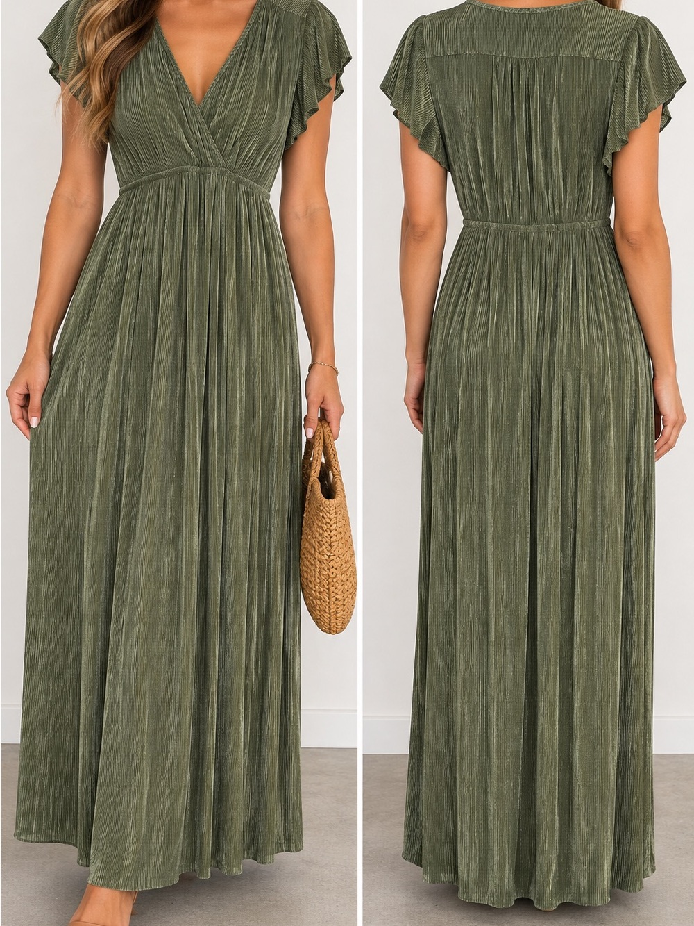 Baltic Born Olive Green Pleated Flutter Sleeve Maxi Dress L NWT